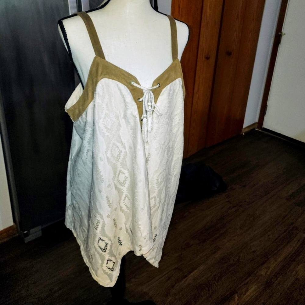 Maurcies Women's Cream and Tan Faux Suede Lace-Up Top 1X